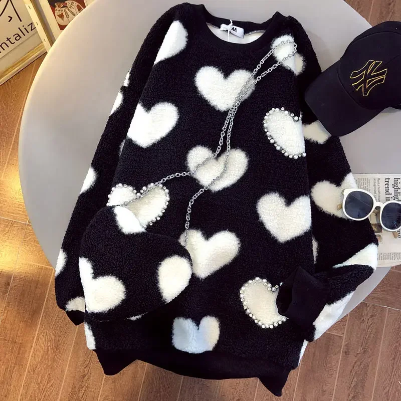 Cute Girl Kawaii Long-sleeved Beaded Imitation Lamb Wool Pullover Clothes Guard Women Winter 2021 New Fashion Sweater + Bag