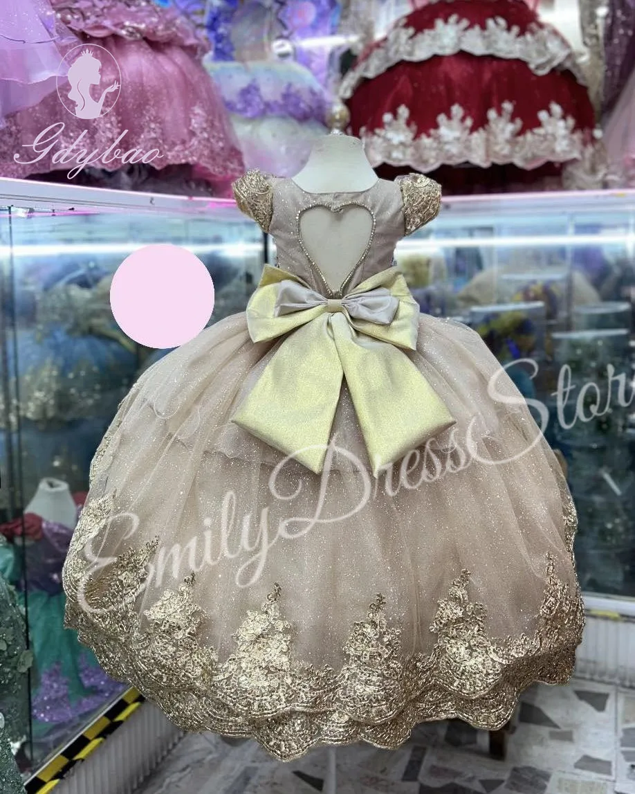 Vestidos de menina de flor de tule de renda personalizados para casamento apliques de ouro com arco elegante festa de aniversário infantil vestido de primeira comunhão