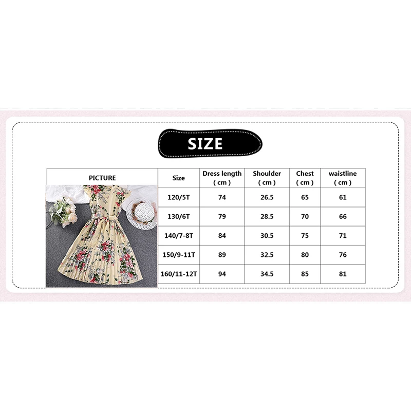 Children\'s Dress For Girls 5-12 Years O-neck Small Flying Sleeve Floral Print Pleated A-line Skirt Give Belt