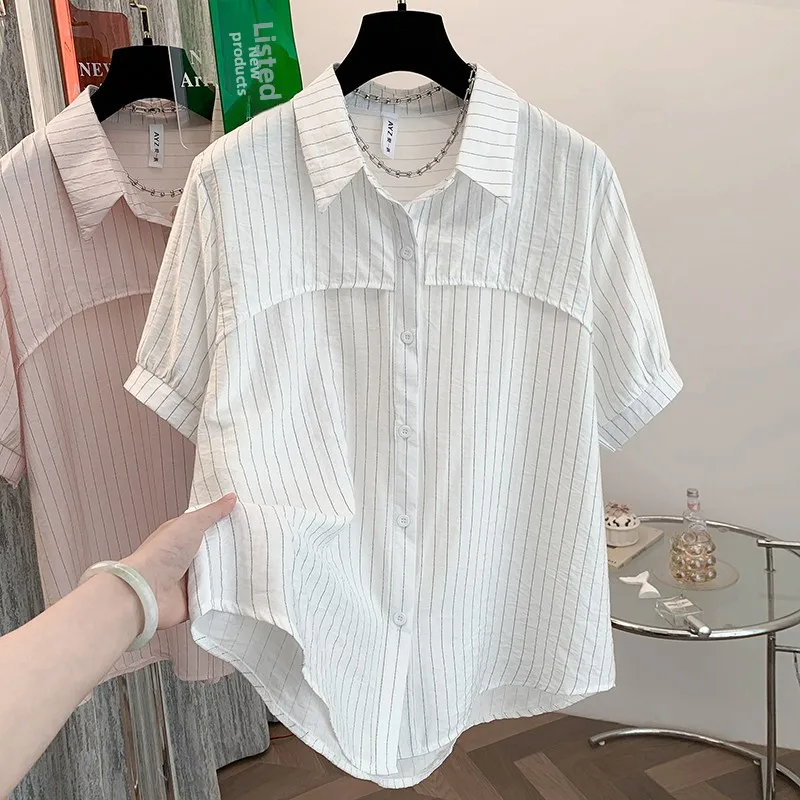 

Summer New plus Size Striped Print Slimming ort Sve irt Versatile Design Cotton Blend Comfortable Fit Women's Top