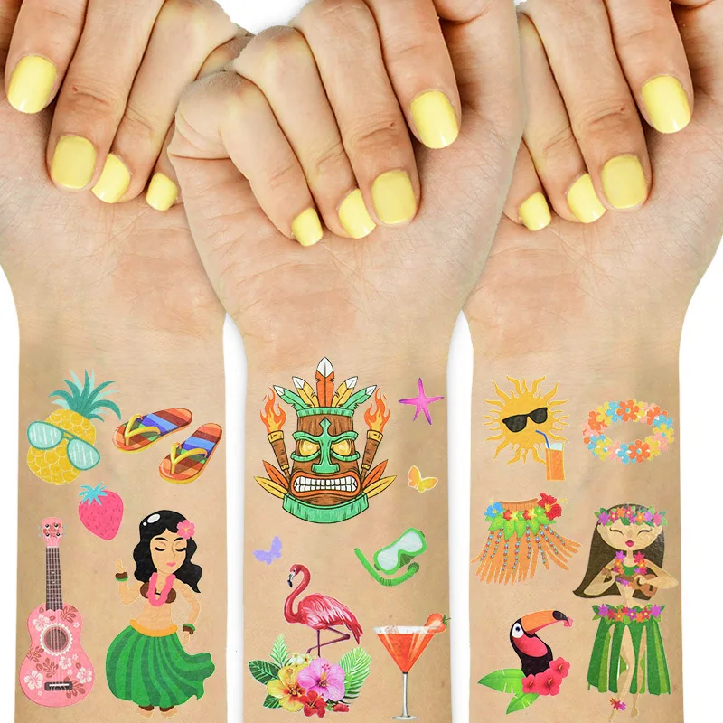 10Sheets Hawaiian Party Aloha Temporary Tattoo Sticker Waterproof Tropical Flamingo Party Luau Summer Beach Birthday Decorations