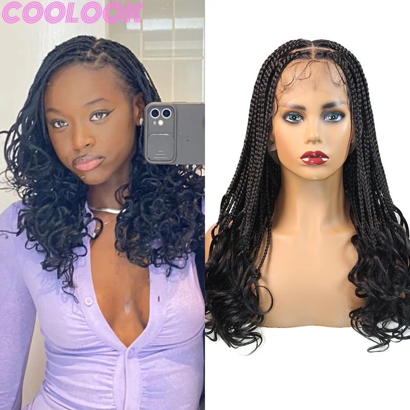 Synthetic Knotless Full Lace Box Braids Wig with Curly Ends 18inch Lace Frontal Braid Wig Distressed Cornrow Crochet Braided Wig