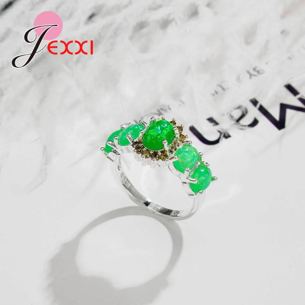 925 Sterling Silver Color Romantic Fashion Ring Micro Paved Green Opal Stones Crystals CZ for Women Valentine's Day Gift Jewelry