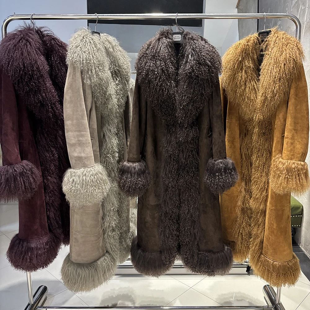 YOLOAgain Real Mongolia Sheep Fur Jacket Long Dark Brown Suede Coat Women