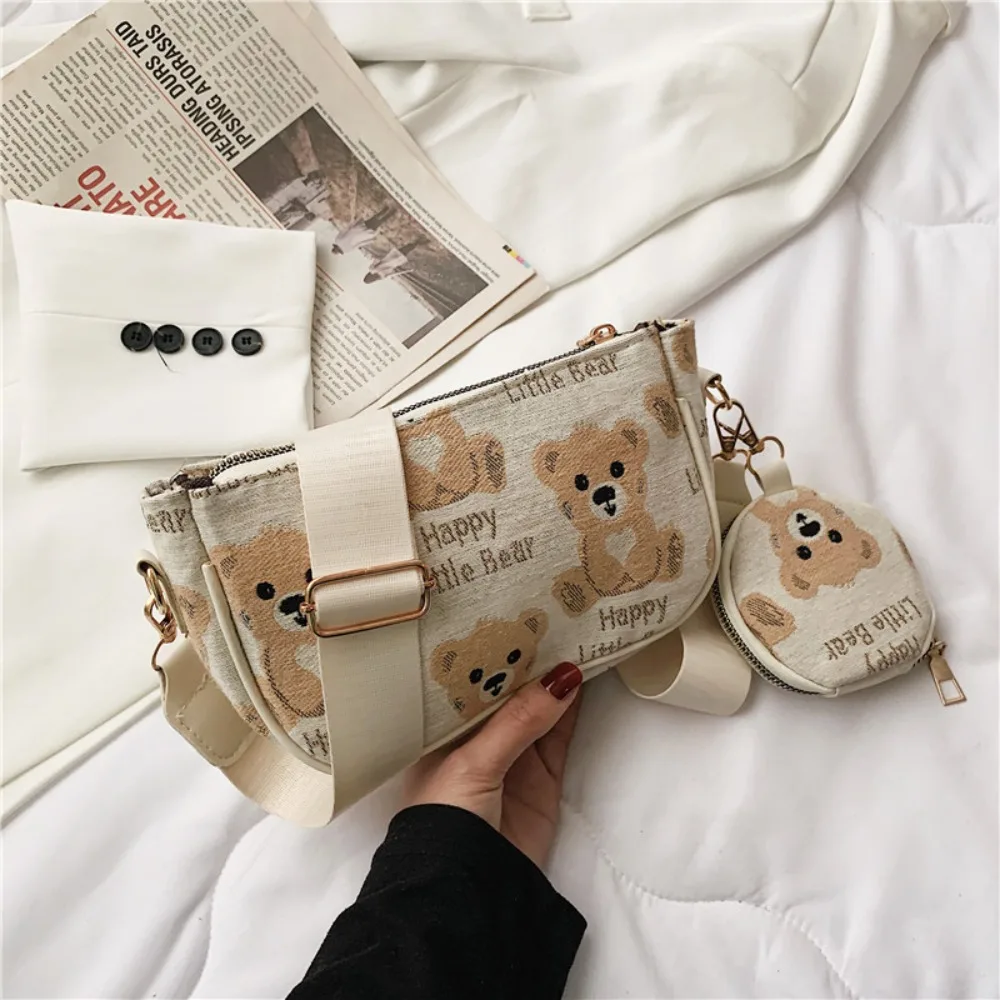 Petit sac sous les bras imprimé ours vintage pour femme, sac composite en nylon, mini sac à main rond, pendentif initié, mode