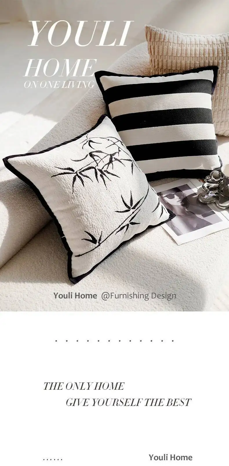 Schwarz-weiße luxuriöse Vintage-Kissenbezüge mit Stickerei, moderne Chenille-Kissenbezüge aus weichem Kunstfell, dekorative Kissenhüllen für Sofa- und Bettdekoration – Detail 1