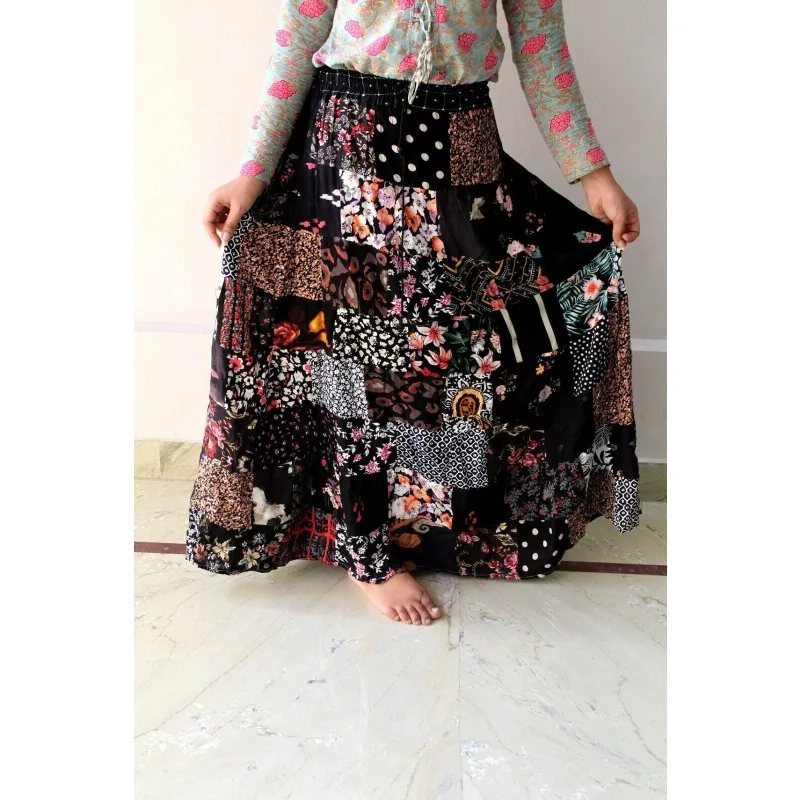 Black Retro Indian Silk Patchwork Hippie Gypsy Bohemian Long Skirt Women's Long Skirt