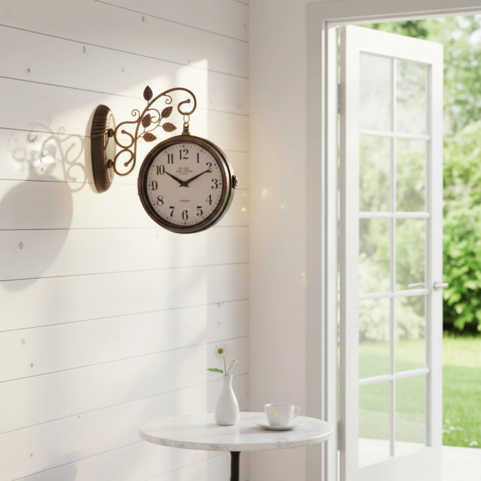 Analog Wall Clock Vintage Style Round Wall Clock Home Decor Metal Frame Cream Face