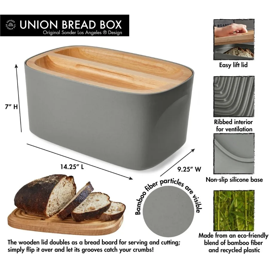 Sonder Los Angeles Modern Bamboo Fiber Charcoal Bread Box for Kitchen Countertop with Reversible Wood Serving Lid Homemade Brea