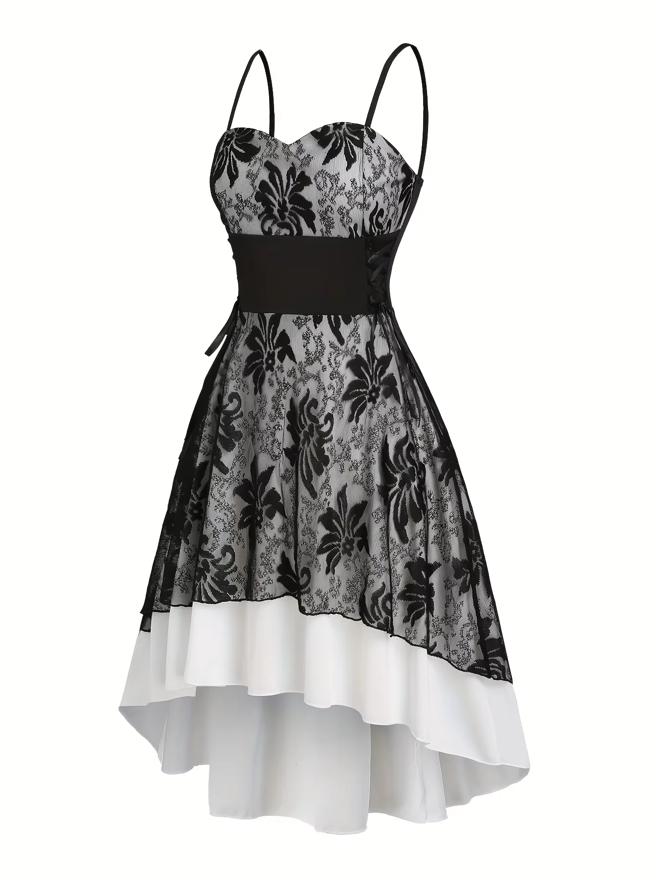 

Женское повседневное платье больших размеров с кружевными тонкими бретелями, платье с высоким и низким вырезом, летнее праздничное платье с цветочным подолом