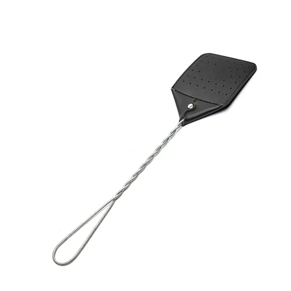 New PU Leather Fly Swatter Iron Wire Handle Manual Mosquito Swatter Black Long Handle Insect Swatter Home Use