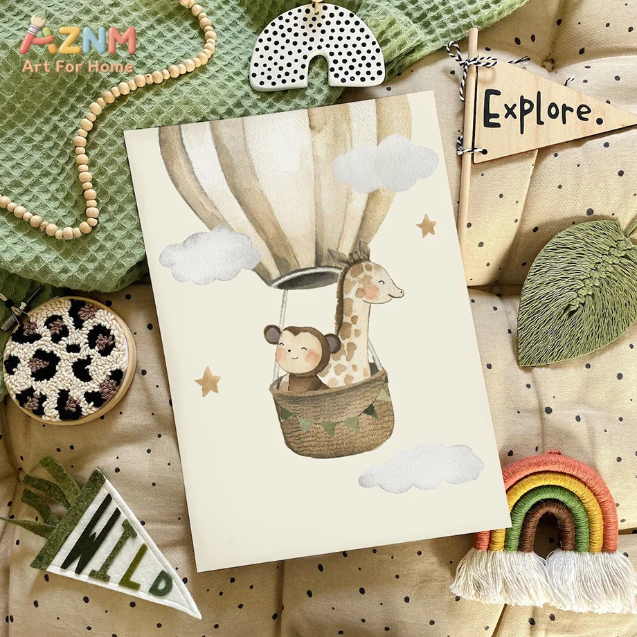 AZNM Watercolor Safari Animal Airplane Hot Air Balloon Canvas Wall Art Oh The Places You Will Go Nursery Decor Unframed Poster F
