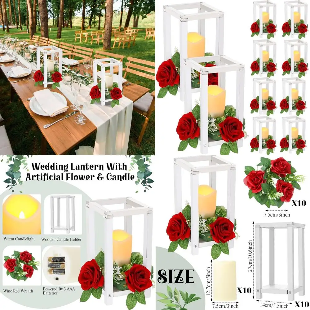 

Rustic Wooden Lantern Centerpieces with 30 Candles and Rings for Farmhouse Valentine's Day Wedding Table Decor (White)