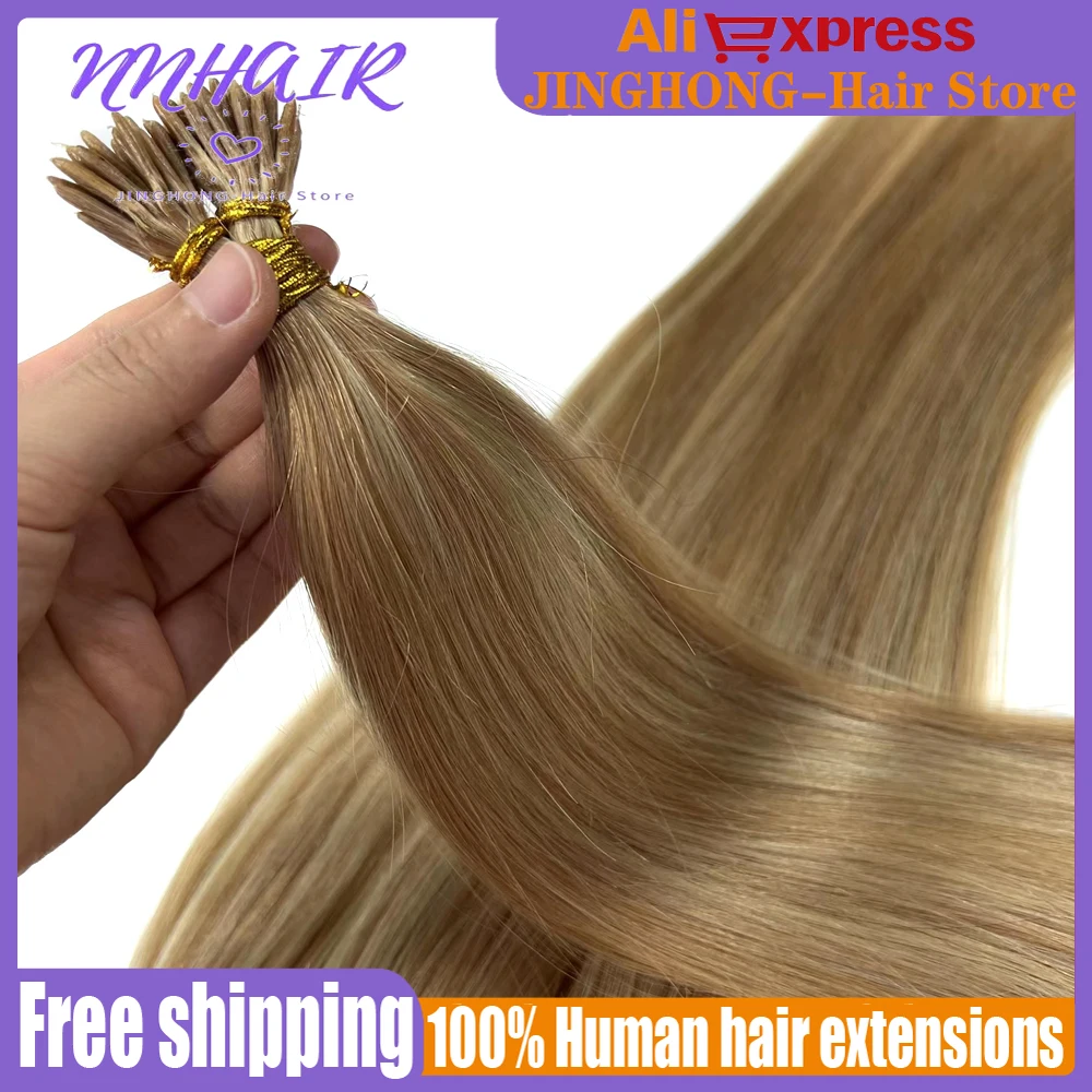 NNHAIR-extensiones de cabello humano 100% para mujer, extensiones de cabello Remy con punta de palo recto, 14 "- 24"