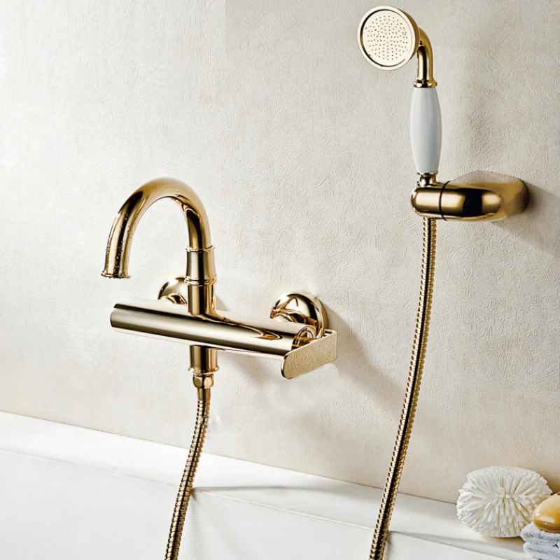 Bubble Bathroom Copper Hot and Cold Double-Handle Wall-Mounted Bathtub Faucet Shower Set European-Style Golden Retro Floor