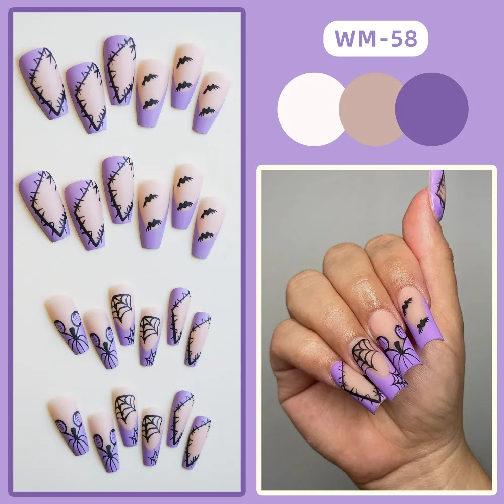 Faux ongles artificiels réutilisables pour Halloween, couverture complète, longue longueur, citrouille détachables, portables, pour Ballet, pour femmes