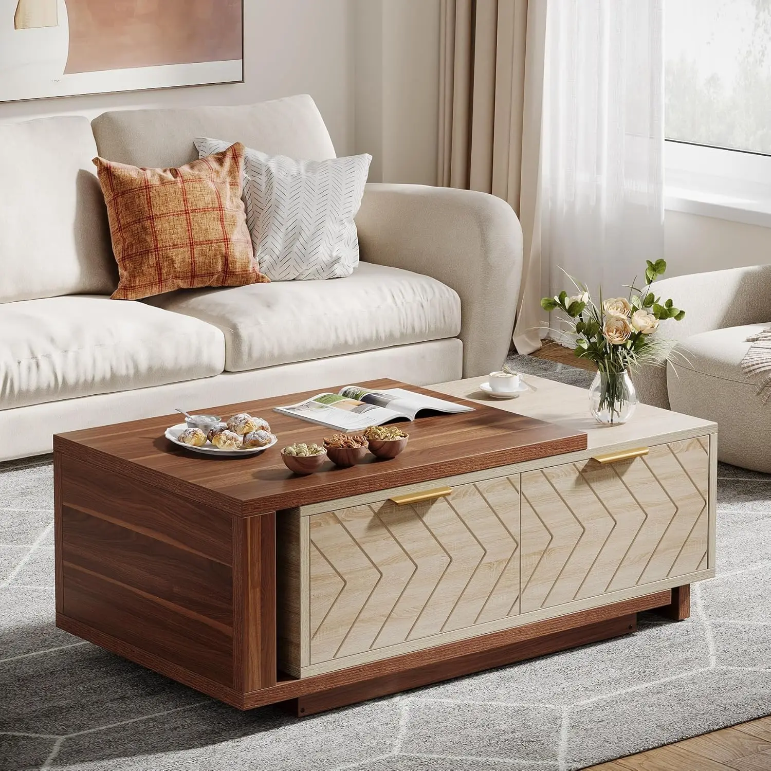 Mesa de Centro Extensible y Ajustable de Madera Reversible con 2 Cajones de Almacenamiento, para Sala de Estar, Grande, en Dos Tonos, Nogal y Roble, Personalizable