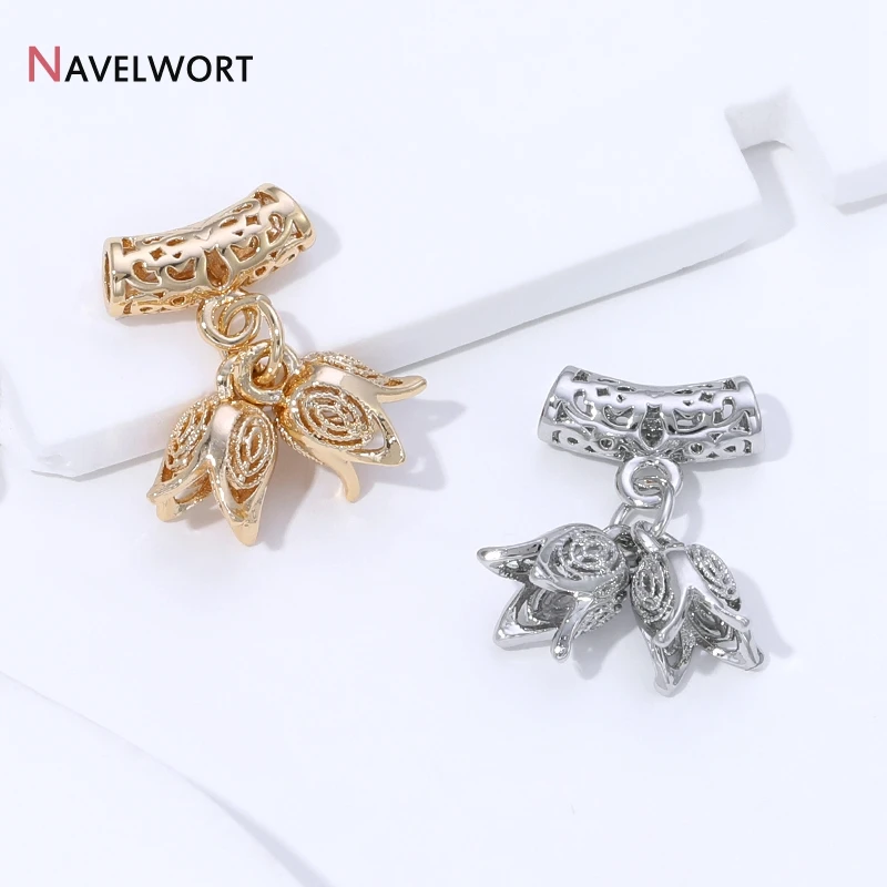 14K Gold Plated Brass Metal Curved Spacer Beads Hollow Tube Beads With Flower Beads Separator DIY Jewelry Making Accessories