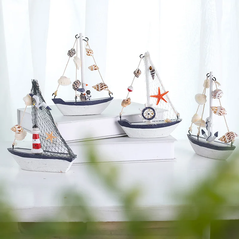 Nautical Sailboat Model Room Home Decoration Figurines Miniatures Mediterranean Style Kawaii Accessories Shell Boat Ornaments