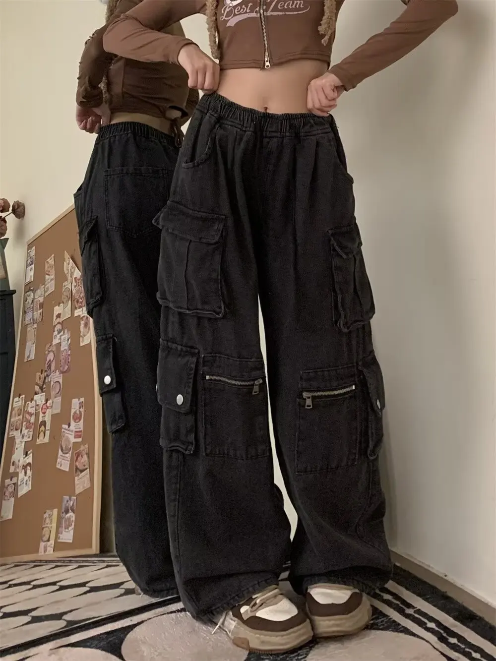 

Women's Black Multi-Pocket Elastic Waist Safari Style Jeans Y2k American Gothic Street Loose Hip-Hop high Waist Wide-Leg Pants