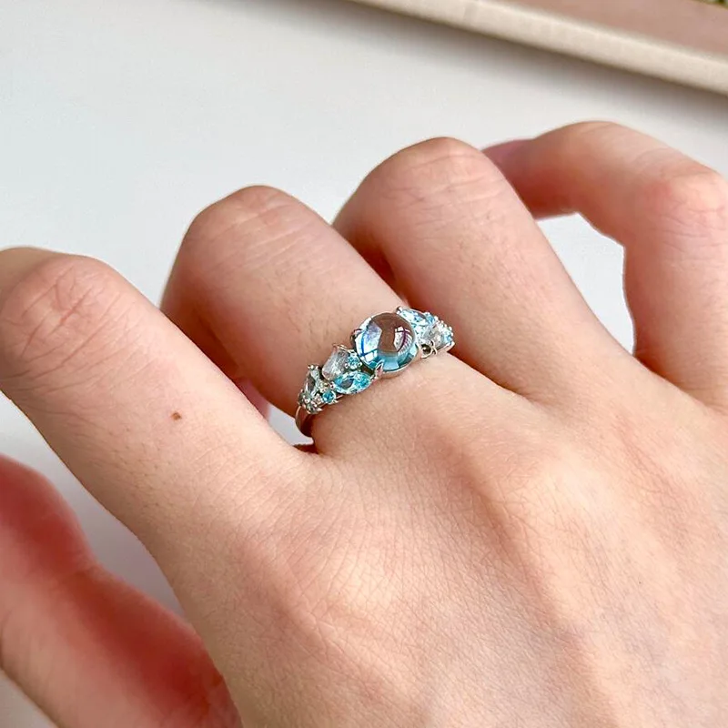 Fresh sea blue crystal rings for women palace style Ice transparent glass texture high-end ring adjustable party jewelry gift - view 3