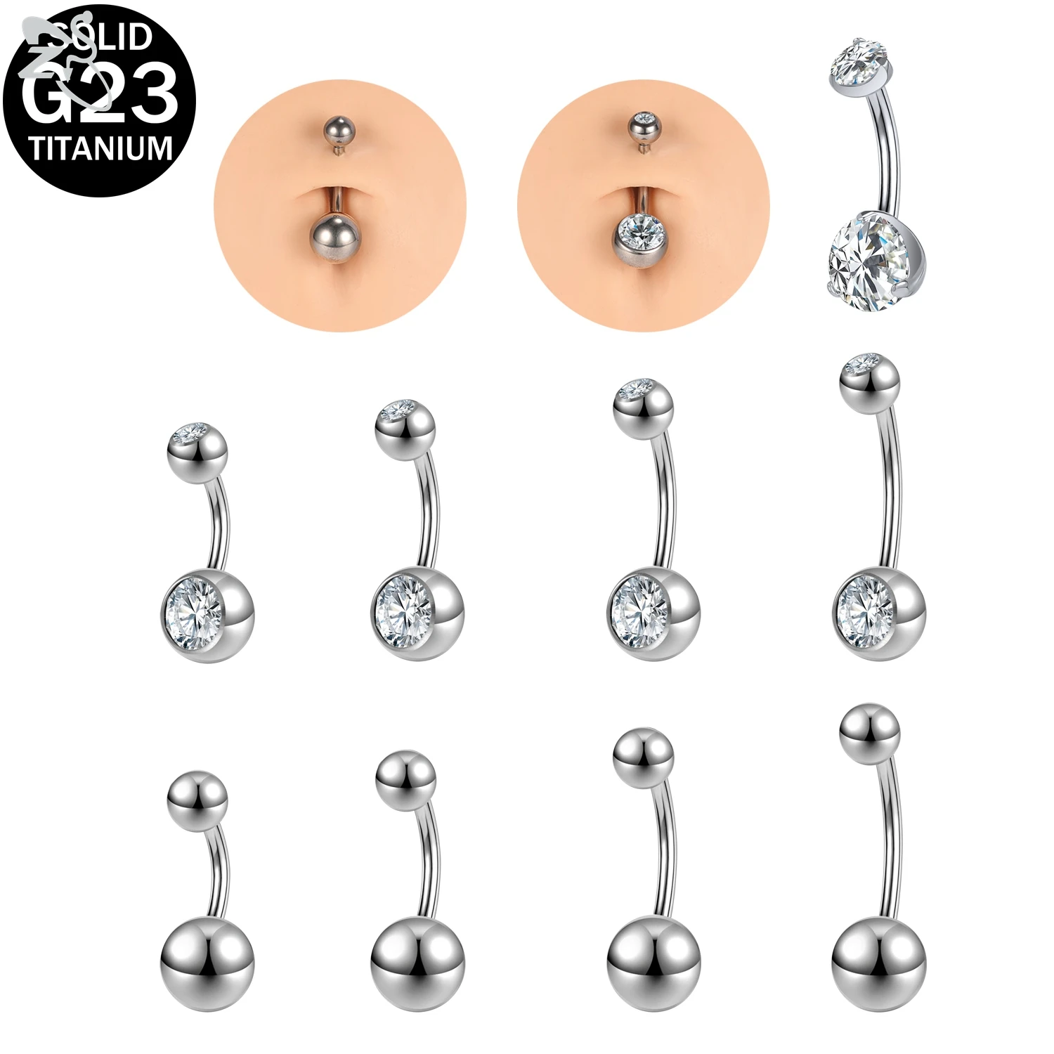 

ZS 1 PC 14G F136 G23 Titanium Belly Button Ring For Women 8/10/12/14MM Umbilical Rings White CZ Crystal Navel Piercing Jewelry