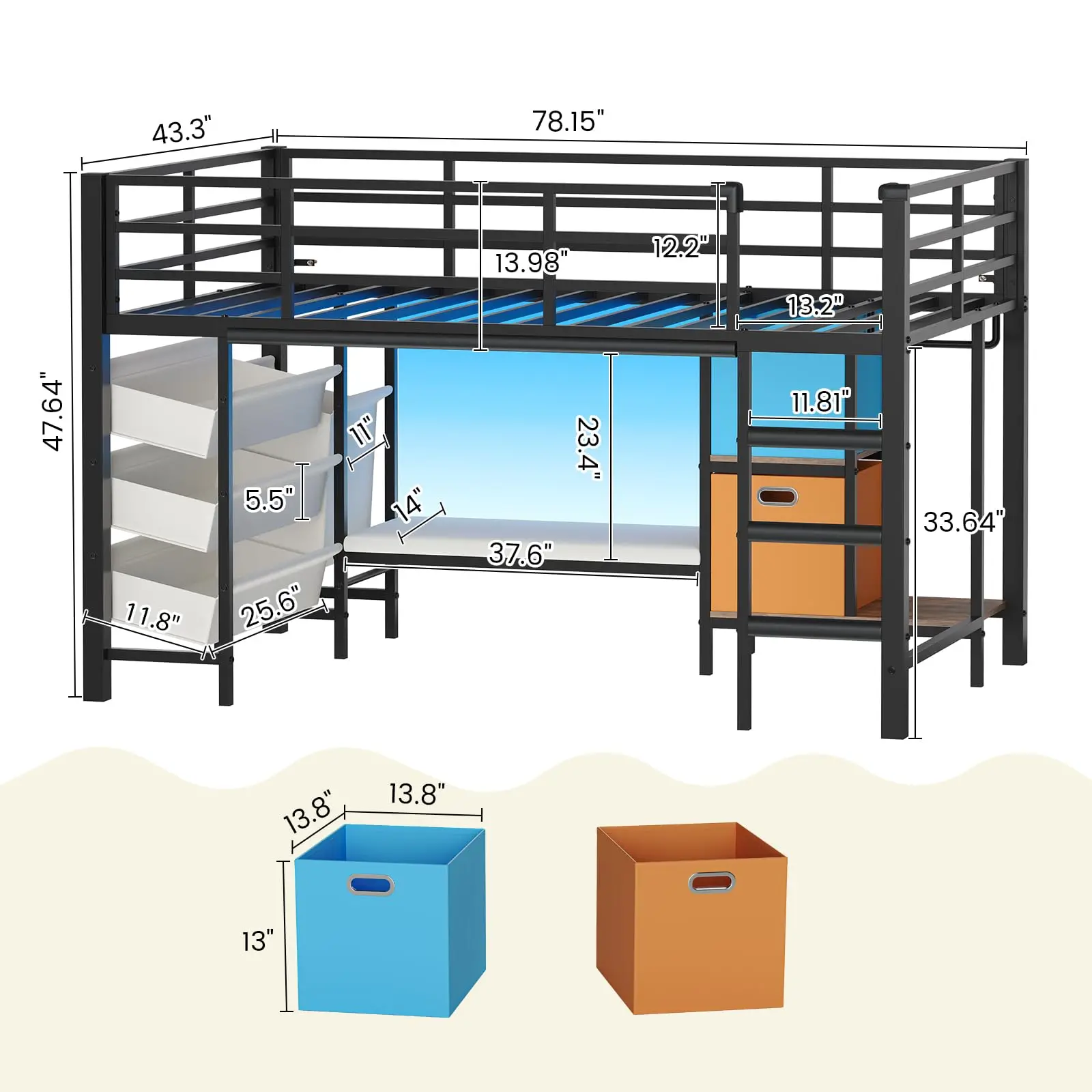 Low Loft Bed Twin Size with Storage Bins and Reading Corner, Black