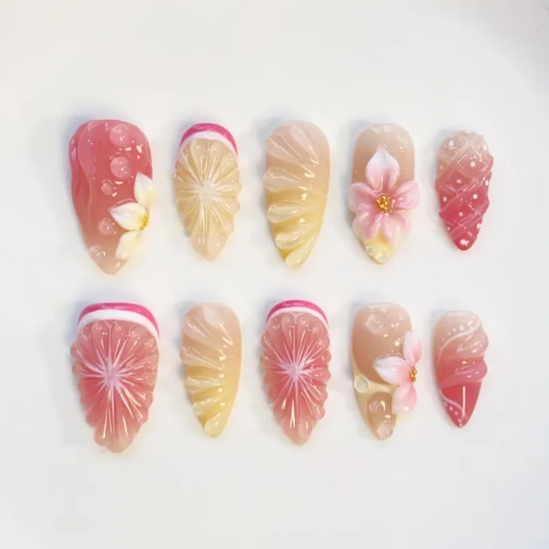

24PCS Sweet Pink French Stick on False Nails 3D Flowers Shell Yellow Lemon Fresh Almond Fake Nails for Women Cute Fruit Nail Tip