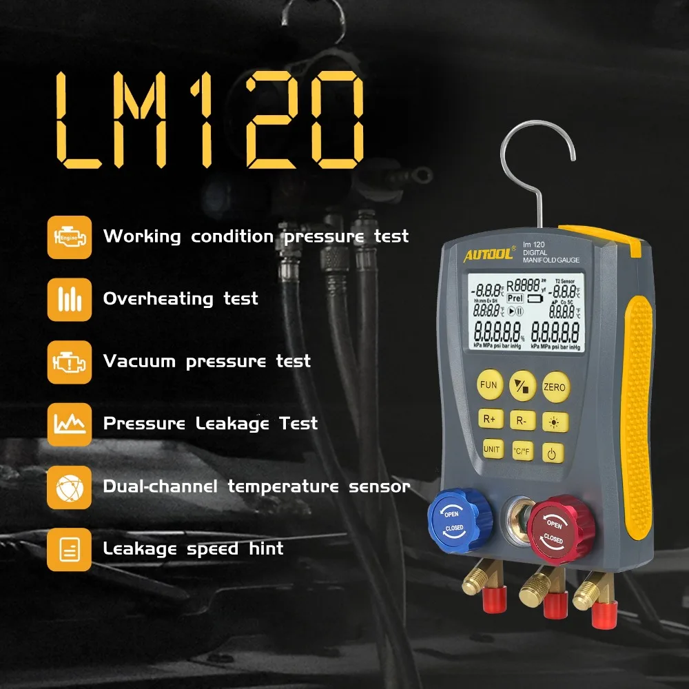 AUTOOL LM120 Refrigerant Cold Medium Car Digital Manifold Meter HVAC Vacuum Pressure Temperature Tester Same As Testo