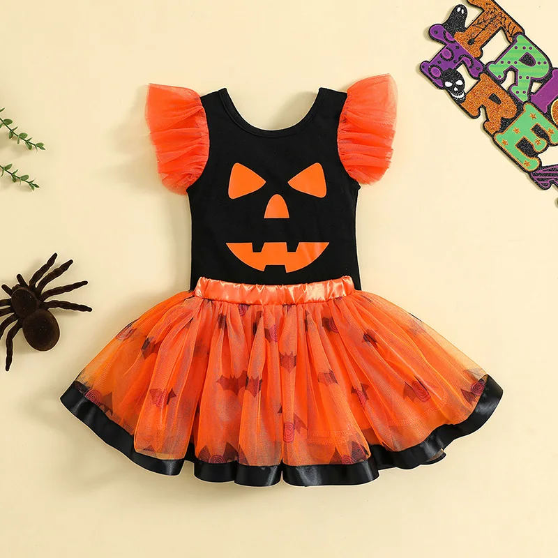 

Adorable Baby Girl s Halloween Costume Set with Printed Romper and Mesh Skirt for a Spooky Cute Look