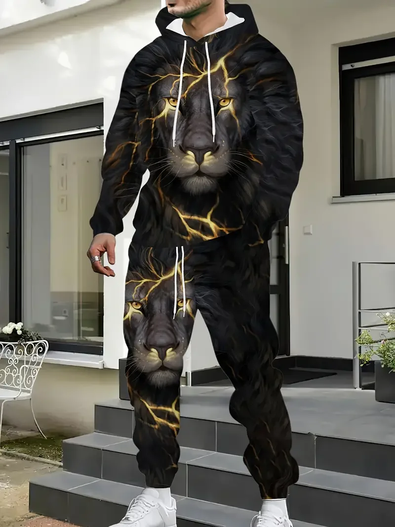 

3D Mighty Lion Print Hoodie Pants Suit Men Women Tracksuit Outfits Jogging Hooded Sweatshirt Sweatpants Men's Clothing 2pcs Sets