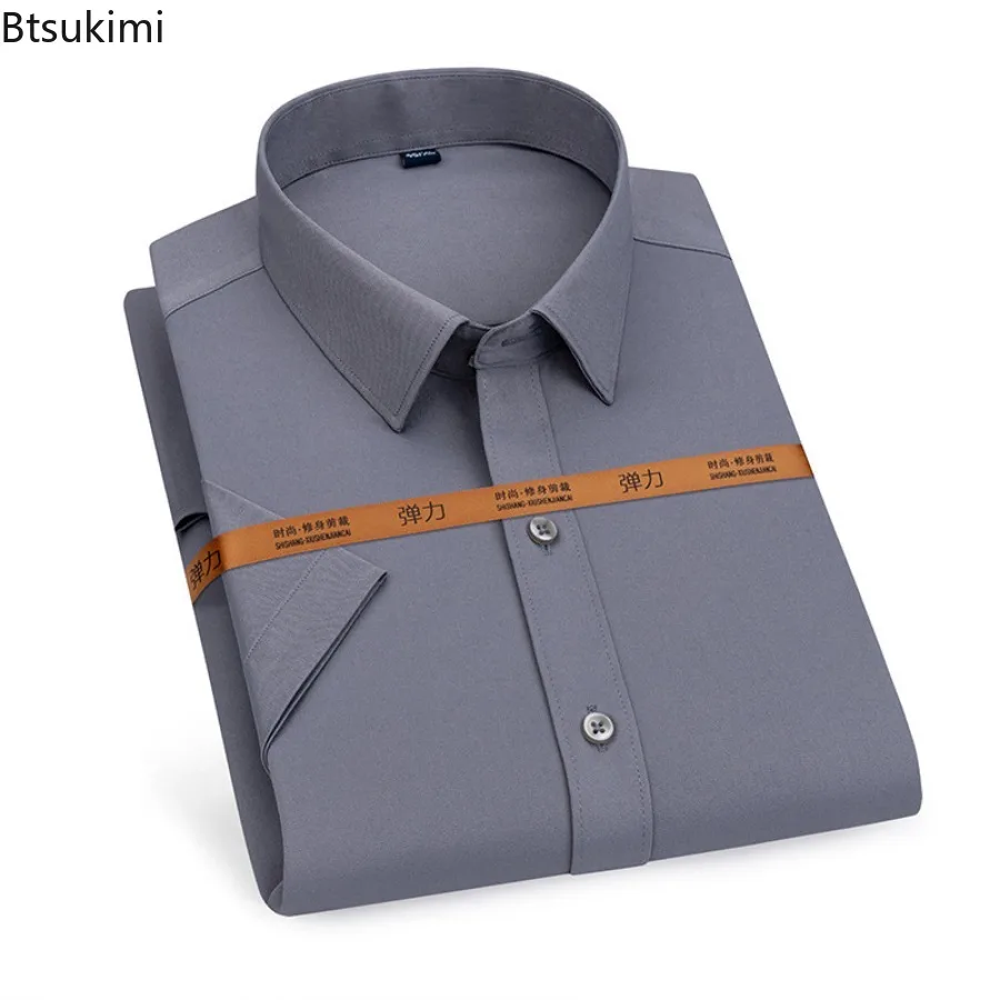 2024 Summer High Elastic Short-sleeved Shirts for Men Office Business Social Dress Shirts Men's Solid Slim Formal Clothing Tops