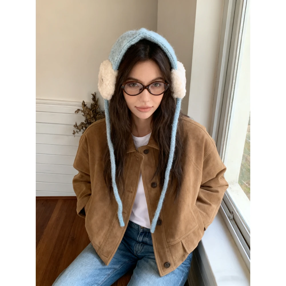 2025 autumn and winter retro versatile lace-up color matching earmuffs women's autumn and winter warm fashion plush knitted