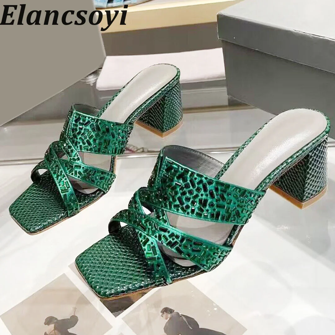 

Summer Genuine Leather Solid Color Open Toe Slippers Women's Crystal Versatile High-Heeled Sandals Party Banquet Dress Shoes