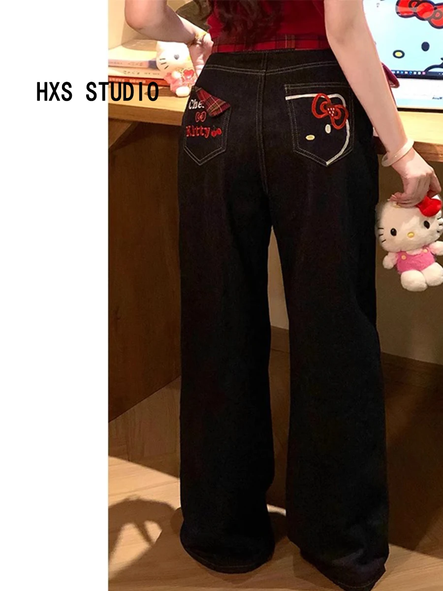 

Прямые джинсы с вышивкой Bla, женские свободные широкие длинные брюки с высокой талией, повседневные джинсовые повседневные брюки с несколькими карманами