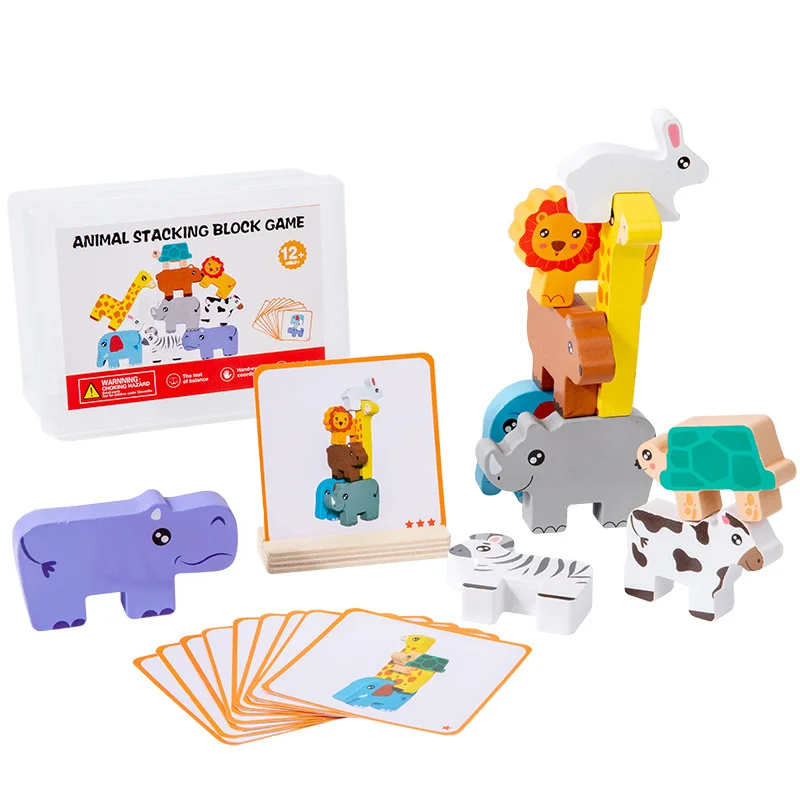 Montessori blocos de construção educacionais brinquedos crianças cognitivo aprendizagem precoce equilíbrio empilhamento bloco jogo de madeira floresta animais conjunto