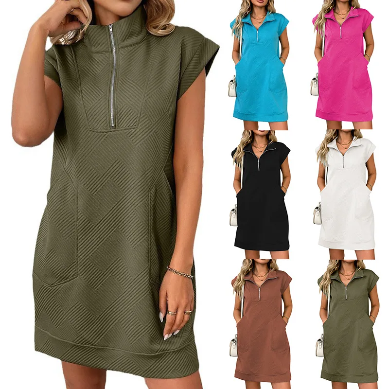 

New Women's Summer Collar Zip Pocket Loose Straight Cut Dress