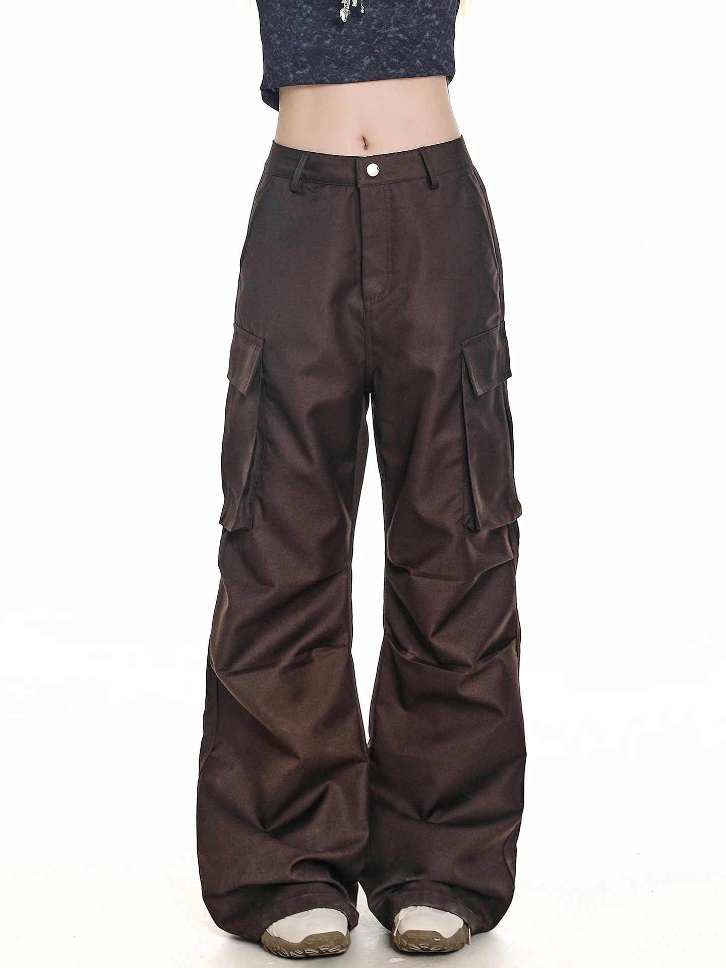 American Retro Straight Leg Work Pants Women Loose Wide Leg Casual Commute Pants Multiple Pockets Casual Cotton Blend