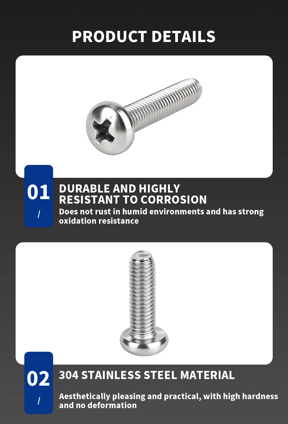 Wirtschaftlicher Maschinenschraubenbolzen mit Rundkopf, YB818 M2-M8 304 Edelstahl A2-70 Phillips Kreuzschlitz-Flachkopfschraube, Korrosionsbeständige Hardware – Detail 4