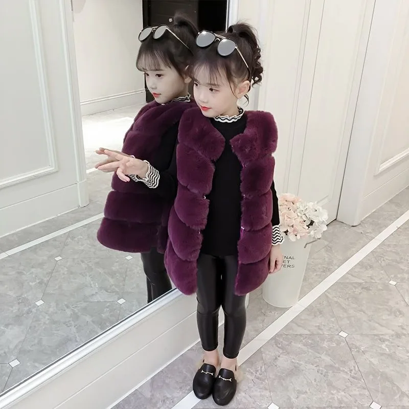 Faux Fur Girls' Vest for Tween Girls Thermal Plus Size Warm Cape with Detachable Thickened Winter Coat for Kids Outdoor