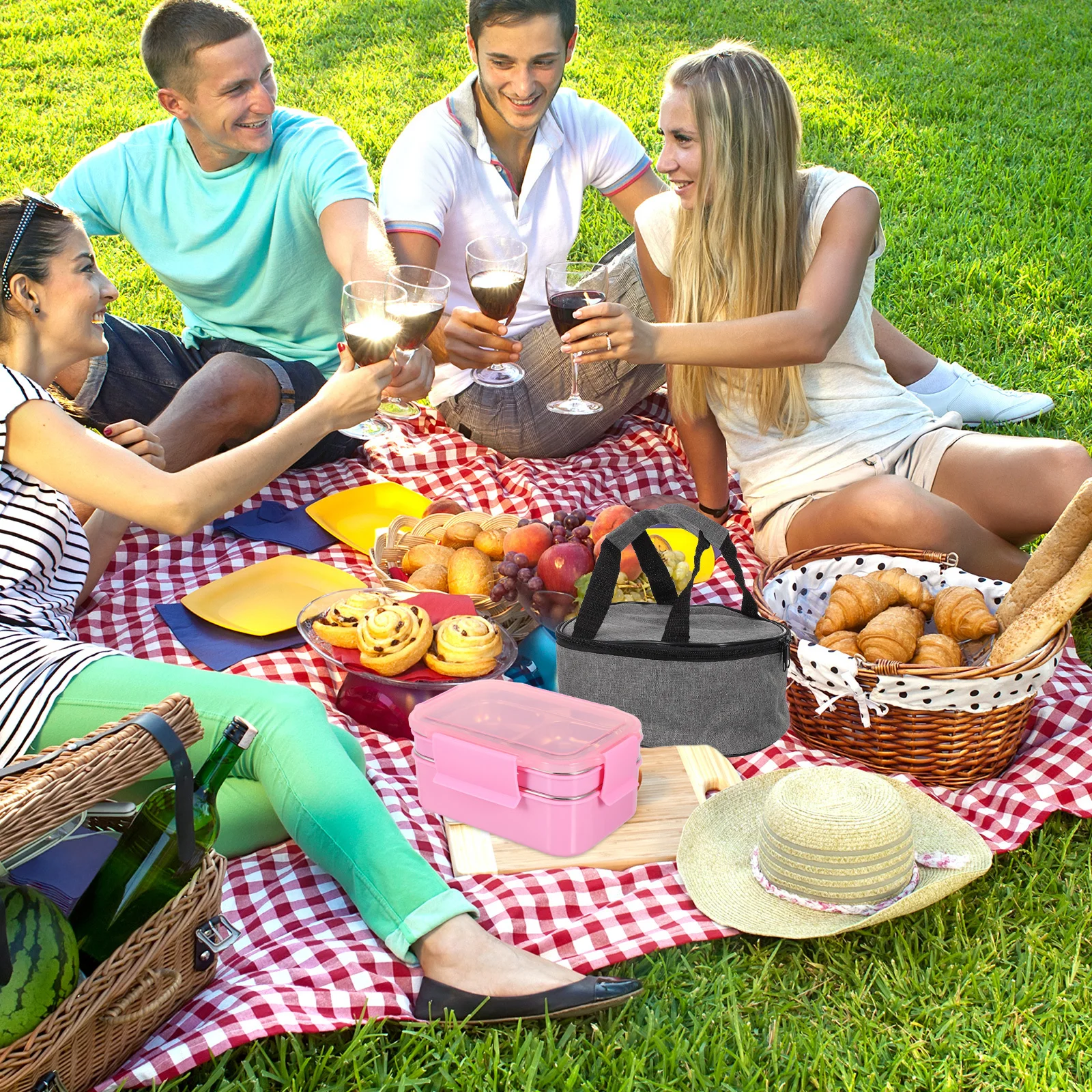 

1Set Premium Bento Box Stainless Steel Lunch Container Divided Compartments Easy Carry Food Storage Box for Work Picnic Bbq