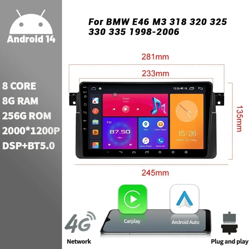 

Android для BMW E46 M3 318 320 325 330 335 1998-2006 Bluetooth беспроводной экран стерео автомобильный радиоприемник мультимедийный плеер навигация