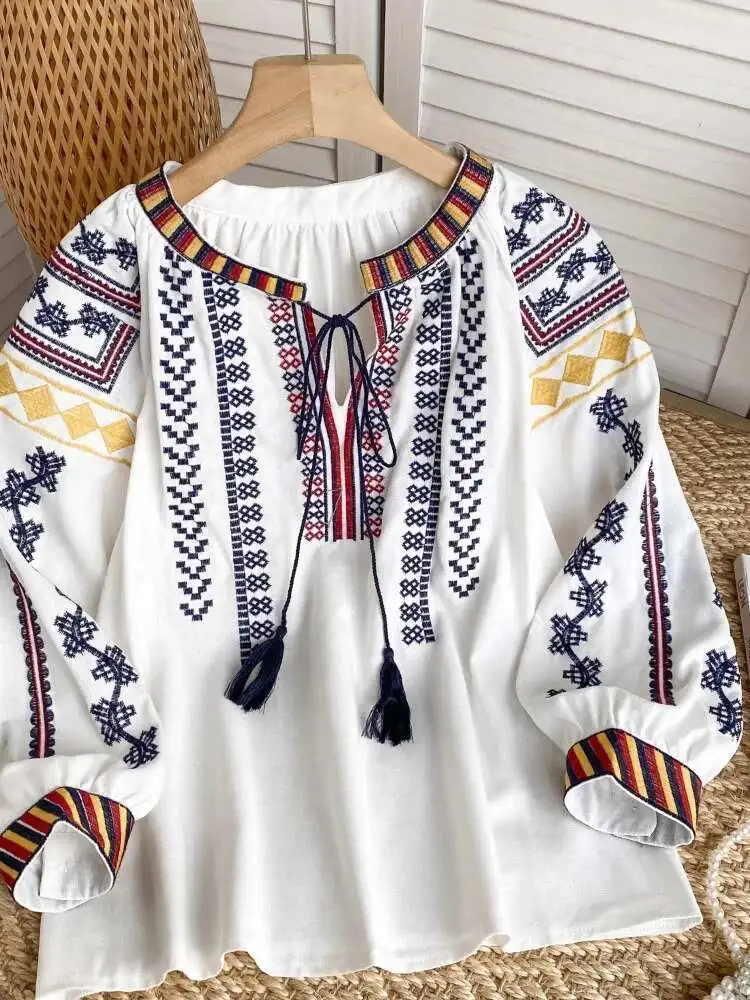 

Women Vintage Embroidered Shirt Spring Autumn Bohemian Vacation Style Loose Top Female Long Sleeve Blouse Tops