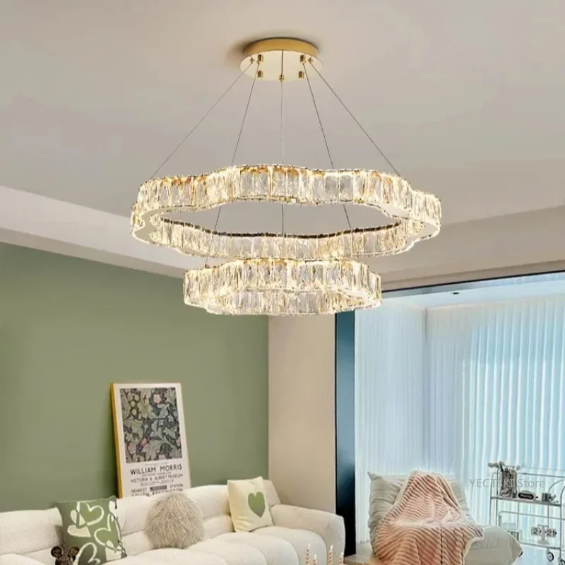 

GHEUVNJ Living room light luxury crystal chandelier Hall main light Simple modern creative double-layer flower shaped restauran