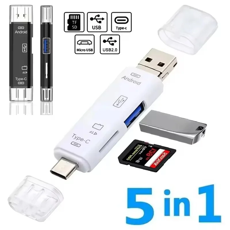1-4pcs Multifunction OTG Card Reader 5 In 1 Type C/Usb /Micro Usb/TF/SD Memory Card USB Flash Drive Mobile Phone PC Accessories