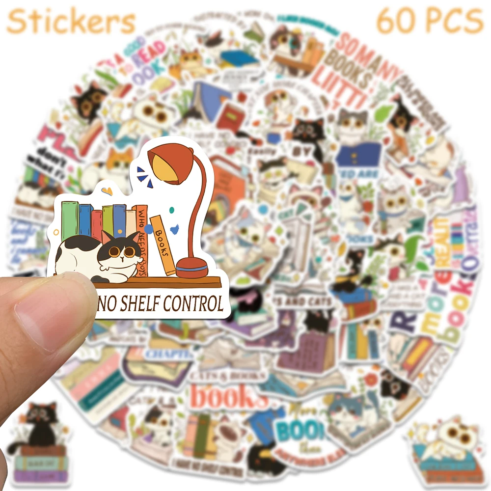 60pcs Cartoon Cute Cats & Books Stickers Decals For Laptop Suitcase Skateboard Helmet Guitar Aesthetic Stickers Kids Toys Gifts