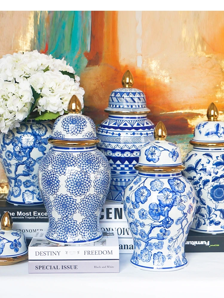 Blue and White Porcelain Checkmate Can Ginger Jar Storage Ceramic Artifact Flower Vase Containers Home Decoration