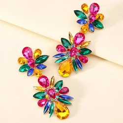 Luxury Colorful Sparkly Crystal Flower Large Dangle Earrings For Women Trendy Boho Unusual Design Pendientes Party Y2k Jewelry