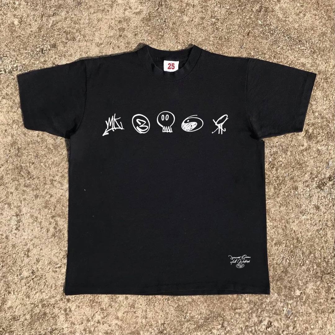 American Style Street Graffiti Short Sleeve T-Shirt Real Fighting Code Print Youth Trendy Cotton Blend Summer Casual Top