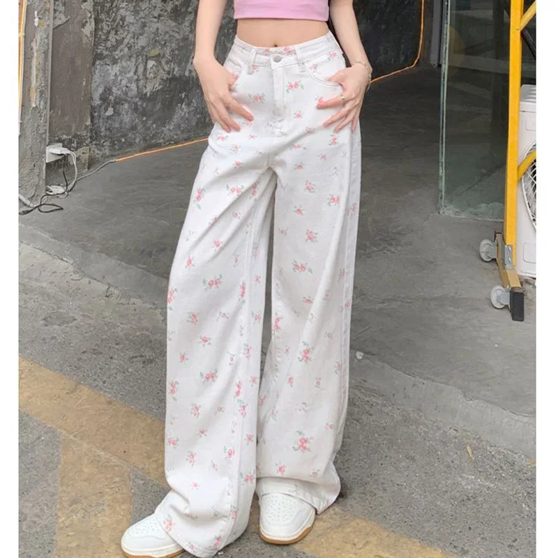 

2025 Girls Sweet Floral Baggy Jeans Trousers Female Chic Narrow Straight Leg Jeans Pants Ladies Korean High Waisted Denim Pants